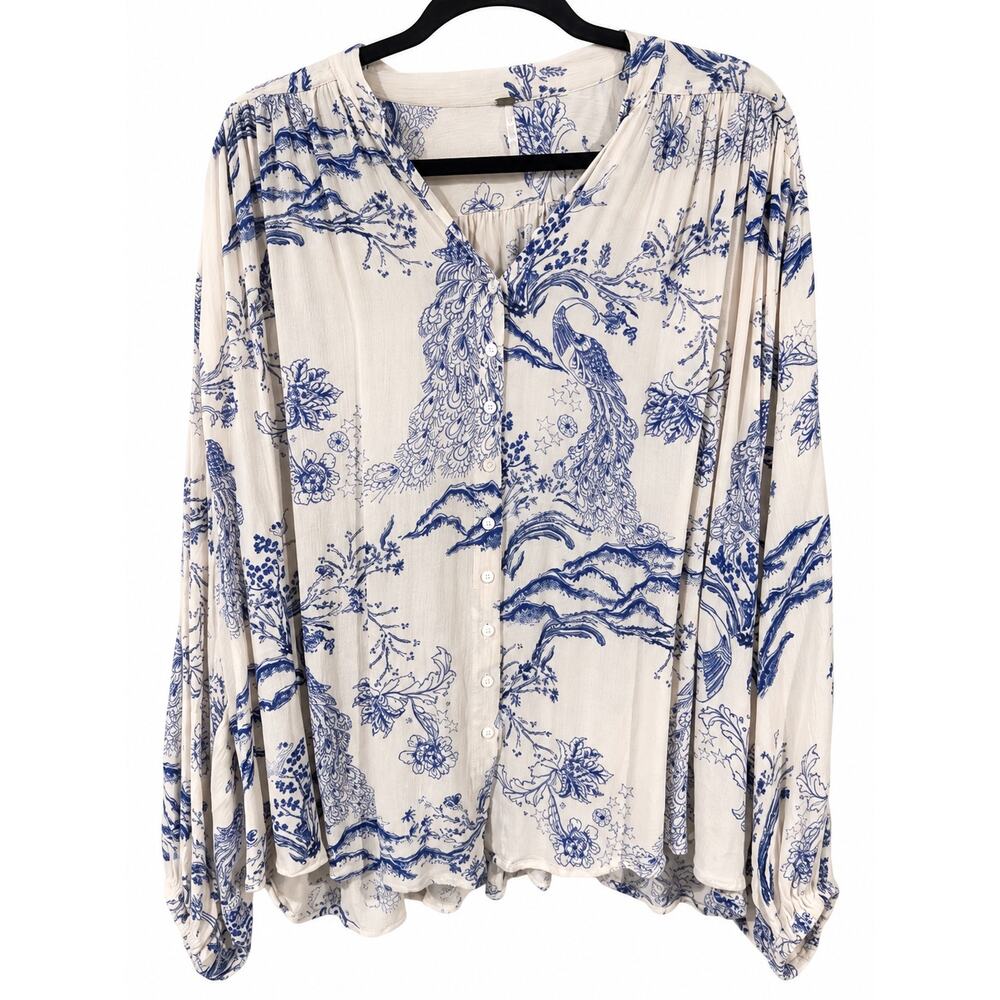 Free People Women Extra Small Metallic Blooms Peacock Toile Rayon Blouse Ivory